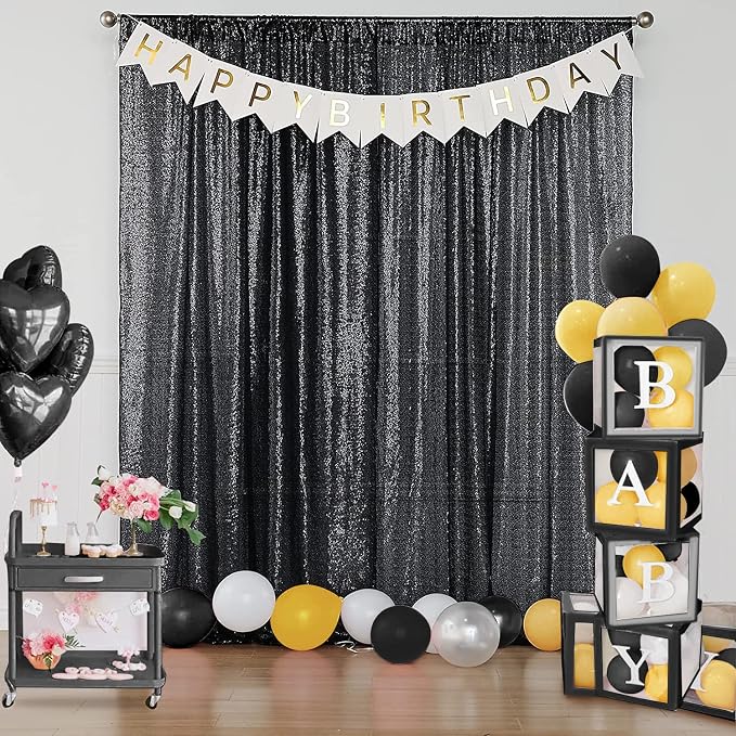 Sugargirl Halloween Black Sequin Backdrop Curtain 4 Panels 2FTx8FT Glitter Black Background Drapes Sparkle Photography Backdrop for Party Wedding Birthday Wall Decoration