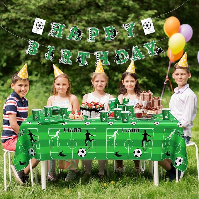 Cecnamt Soccer Birthday Decorations, 170 Pcs Soccer Party Decorations Including Banner, Plates, Cups, Napkins, Cutlery, Straws and Tablecloths, Serves 24