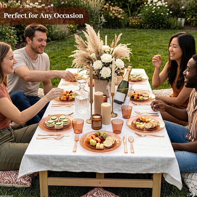 DaYammi 350Pcs Clear Amber Dinnerware Set 50 Guest for Party Amber Plates Disposable - 50 Dinner Plate, 50 Dessert Plate, 50 Per Rolled Napkins with Cutlery, 50 Plastic Cups 9 OZ for Party Wedding