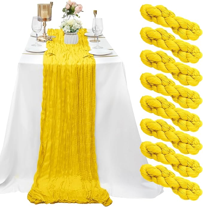 8 Pack Cheesecloth Table Runner 10 FT Gauze Cheese Cloth Table Runners 35 x 120Inch Boho Table Runner for Wedding Banquet Event Engagement Birthday Party Bridal Baby Shower Anniversary Decor(Yellow)﻿