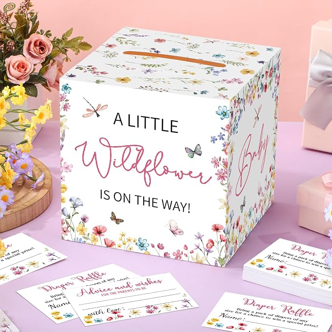 Teling 51 Pieces Diaper Raffle Tickets with Card Box Baby Shower Decorations Gender Reveal Holder Box for Girl Boy Diaper Raffle Party (Baby In Bloom)