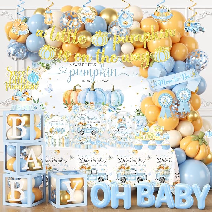 249pcs Little Pumpkin Baby Shower Decorations for Boy,A Sweet Little Pumpkin is On the Way Baby Shower,Blue Pumpkin Floral Balloons Plates Boxes Tablecloth for Fall Thanksgiving Autumn Party Decor