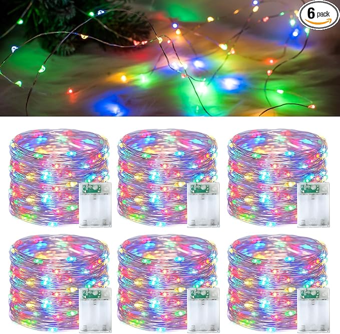 QITONG Multicolor Fairy Lights Battery Operated, 6 Pack Each 16ft 50 LED Outdoor String Lights, Silver Wire Mini Twinkle Light Indoor