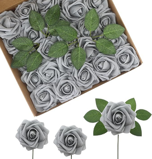 JOYLEX Artificial Flowers Realistic Roses, Real Looking Fake Roses with Stem for DIY Wedding Bouquets Centerpieces Bridal Shower Party Home Romantic Decorations (Grey, Regular 3" - 200pcs)