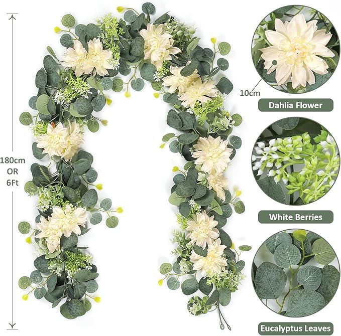 Dremisland Artificial Flower Garland 2 Pack 12Ft Champagne Dahlia Flower Vines Hanging Floral Eucalyptus Greenery Garland Decoration for Wedding Arch Bedroom Home Wall Backdrop Room Decor