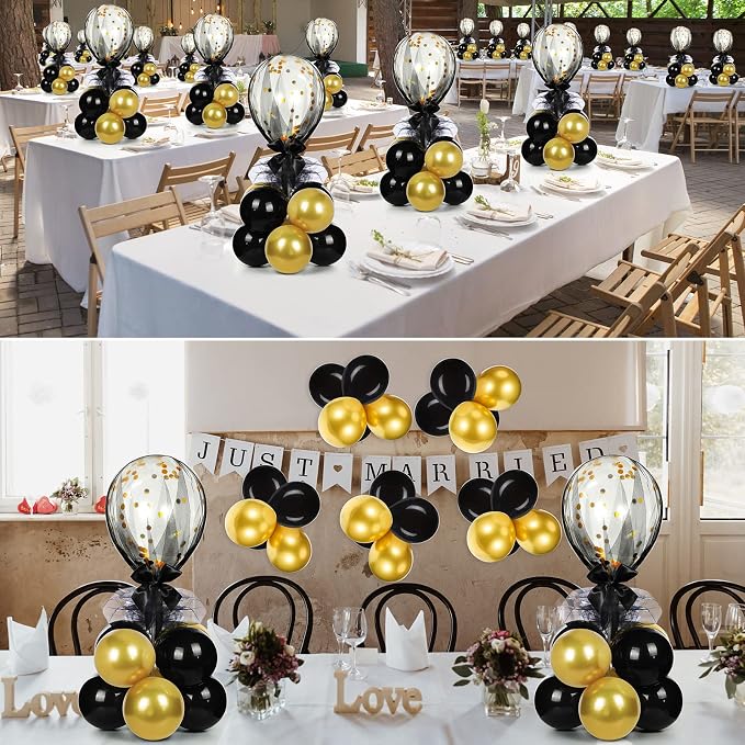 BBTO 8 Set Gold Black Table Centerpieces Balloons Stand Kit, Latex Balloons and Table Stand Holder with Base Tulle for Wedding Birthday Grad Prom Centerpieces Party Back to School Baby Shower