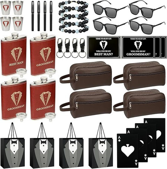 Set 4 Groomsmen Proposal Gifts - Groomsmen Gift Box with Leather Bag，Tuxedo Flask, Funnel，Shot Glasse，Poker Card Bottle Openers, Sunglasses, Pen，Bracelet, Card & Gift Bags for Wedding Party （Brown）