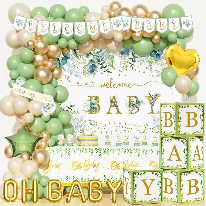 Hombae Sage Green Baby Shower Decorations, Gender Neutral Greenery Baby Shower Decorations, Welcome Baby Backdrop Green Gold Balloon Banner Tablecloth Cake Cupcake Topper Mommy to Be Sash Boxes