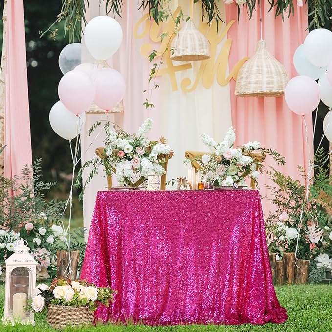 PartyDelight Hot Pink Sequin Tablecloth 50x80 Inch Rectangle Table Cloth Glitter for Party Baby Shower Christmas Decorations