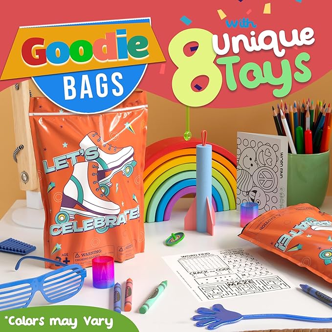 Crown Display Party Favors for Kids 10 Pre Filled Party Favor Bags - Roller Skating Fun Goodie Bags Stuffers for Kids with Fidget Toys and Small Toys Goody Bag Stuffers - Party Favors for Kids 4-8