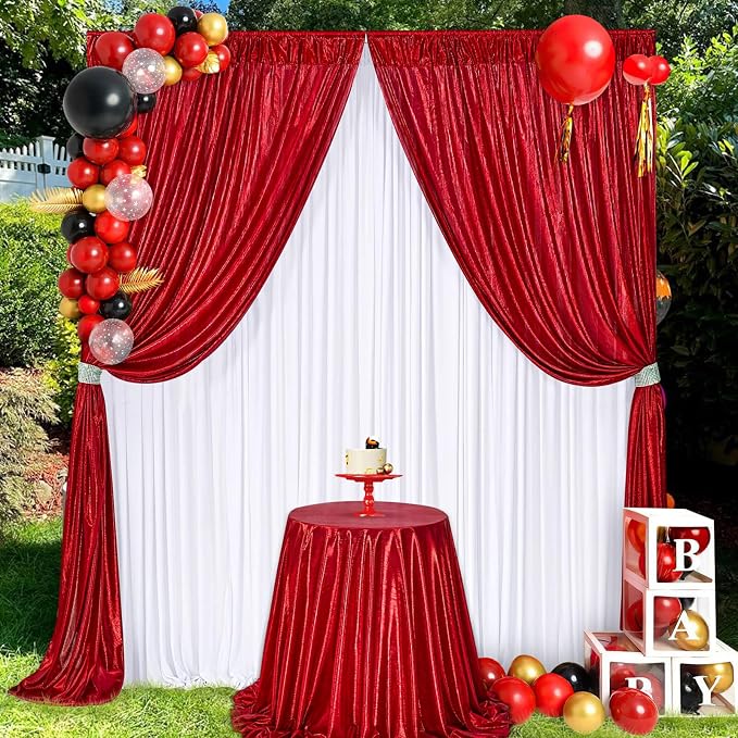 Sequin Photography Backdrop Curtain 4.8FT x 10FT Shimmer Panel 4PCS for Party Decoration Christmas New Year Housewarming Outdoor, Red