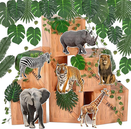 Daifunli 35 Pcs Jungle Animals Party Decoration Jungle Safari Favor Boxes with Artificial Palm Leaves for Birthday Tropical Woodland Zoo Wild Animal Party Supplies