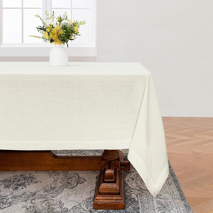 Linen World 100% Linen Tablecloth,Cream Tablecloth 120" x 60" Inch,Washable Rectangular Tablecloth for Dining,Outdoor,Weddings and Restaurants,Decorative Thanksgiving Christmas,Jacquard Weave Design
