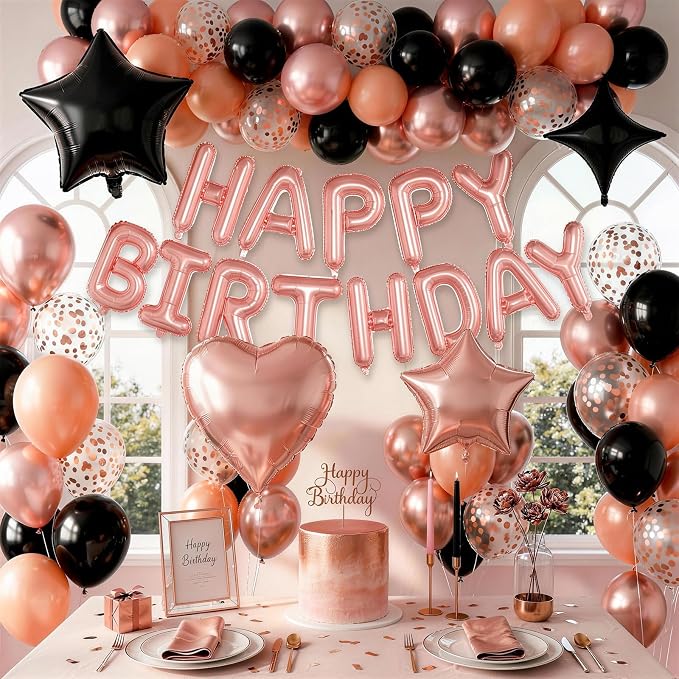 Rose Gold and Black Birthday Decorations for Women Black Pearl Rose Gold Metallic Party Balloons Confetti Balloon Happy Birthday Banner Heart Balloons 18/10 Inch Star Balloon for Bday Party Supplies