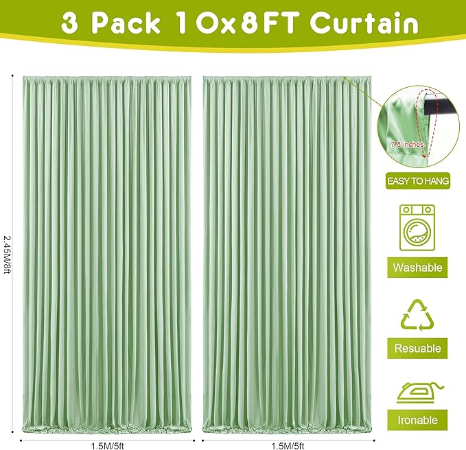 Wokceer Sage Green Backdrop Curtain for Wedding Parties 3 Pack 10x8FT Wedding Curtains Photo Backdrop Drapes Polyester for Photoshoot Baby Shower Birthday Party Curtains Background 6 Panels 5x8FT