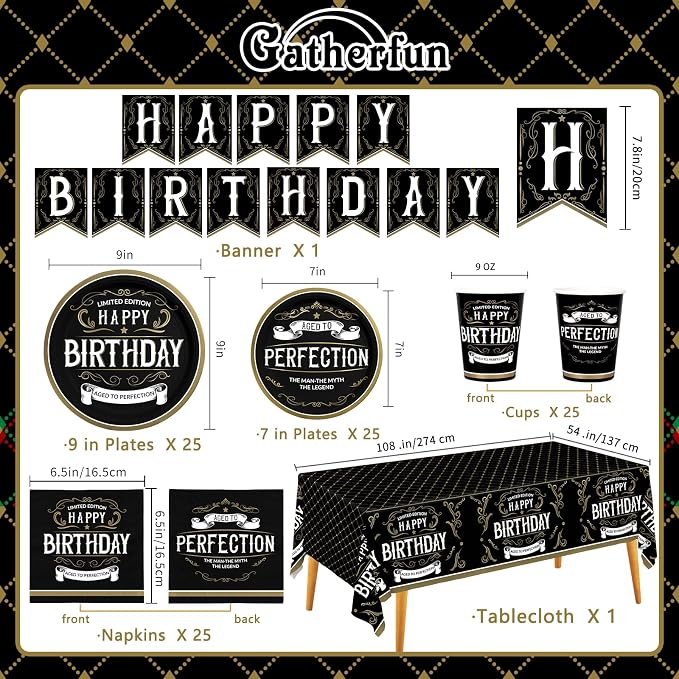 Birthday Party Supplies Disposable Paper Plates Napkins Cups Tablecloth and Banner for Happy Birthday Party Decorations, Serve 25