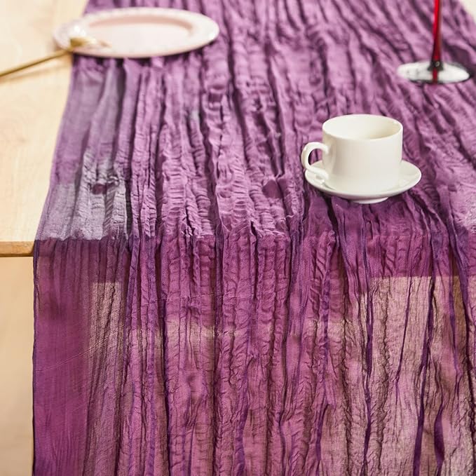 Royal Purple Spring Table Runner Boho Cheesecloth Table Runner 120 inches Crinkled Gauze Sheer Mother's Day Table Centerpieces for Wedding Ceremony Anniversary Bridal Baby Shower Banquet
