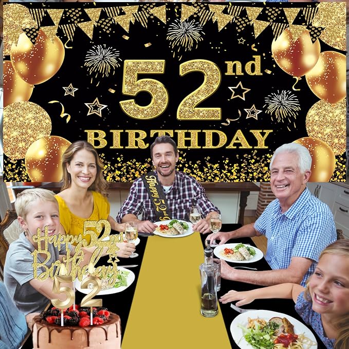 52nd Birthday Decorations Men Women with 52nd Birthday Banner, Black and Gold Table Cloth, Number Balloons, Large Sash, Cake Topper and Candles