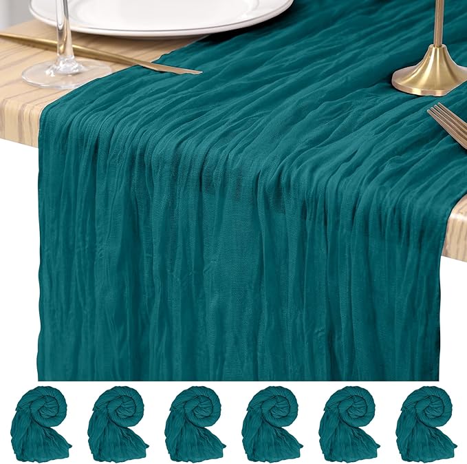 Teal Cheesecloth Table Runner 6 Pack 10FT - Boho Gauze Sheer Rustic Crinkled Table Runners for Wedding Party Baby Shower Bridal Decor
