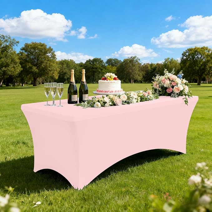 Moosfor Spandex Elastic Fitted 6FT Rectangle Tablecloth 6 Pack, Stretch Washable Reusable Table Cover for Outdoor Picnic, Dining, Wedding, Banquet & Party Events (Pink, 72Lx30Wx30H Inch)