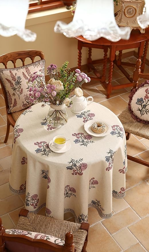 ISAENNE Designer French Linen Round Tablecloth,Diameter 67"-Helena E | Vintage Elegant Beautiful Table Cloth for Round Table,Floral Pattern,Heavyweight,Dining Room,Kitchen,Thanksgiving,Decor