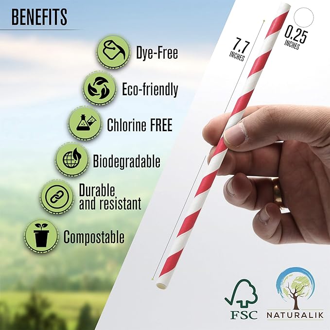 Naturalik 300 Pack Extra Durable Red Paper Straws Biodegradable- Heavy Duty Eco-Friendly Paper Straws Bulk- Drinking Straws for Juices, Restaurants and Party supplies, 7.7" (Red, 300ct)