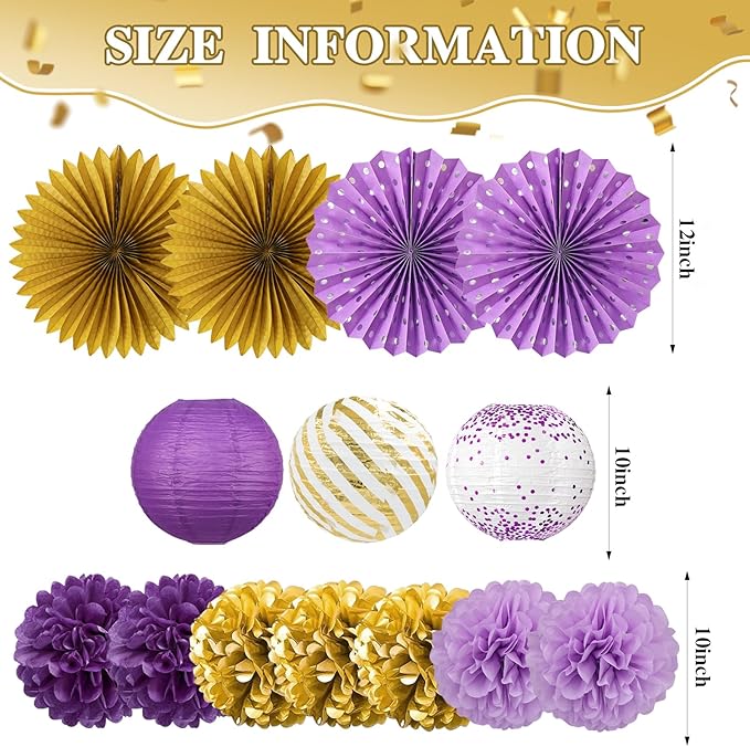 ADLKGG Purple Gold Party Decorations, 14 Pcs Hanging Paper Fans, Lanterns, Pom Poms, Elegant Backdrop for Graduation Party, Rapunzel Theme, Birthday, Baby Shower, Bridal Shower