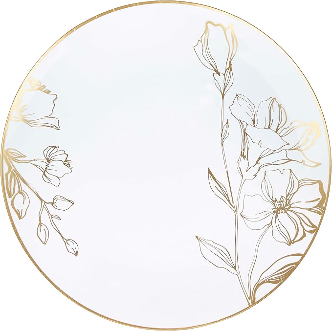 [10'' Plates 10 Count] White Plastic Floral Design Party Dinner Plates With Gold Rim Premium heavyweight Elegant Disposable Tableware Dishes