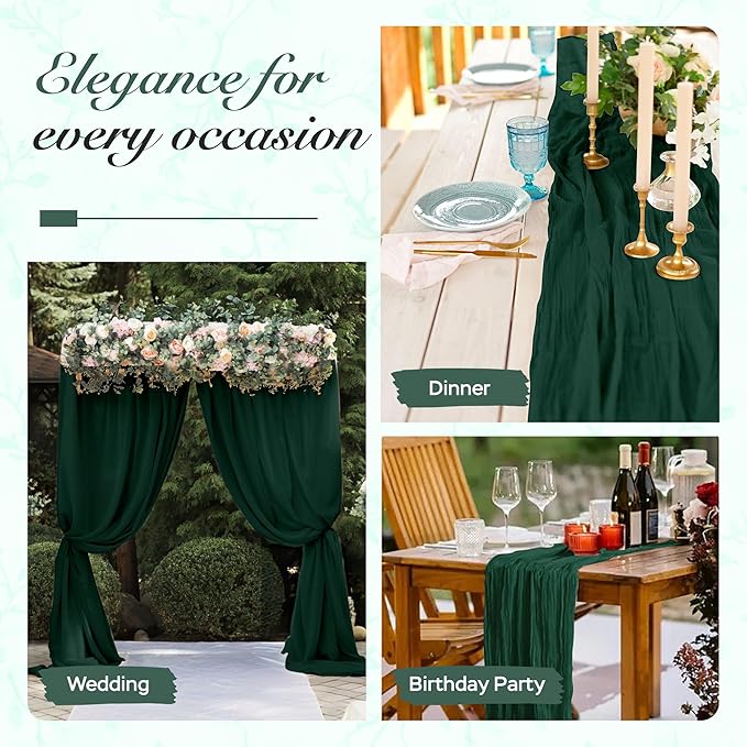 Cheesecloth Table Runner 3 Pack – 35x120 Inch (10ft) Boho Rustic Gauze Cloth Runners – Crinkle Polyester Table Decor for Wedding, Baby Shower, Bridal Shower, Birthday Party and More (Emerald Green)