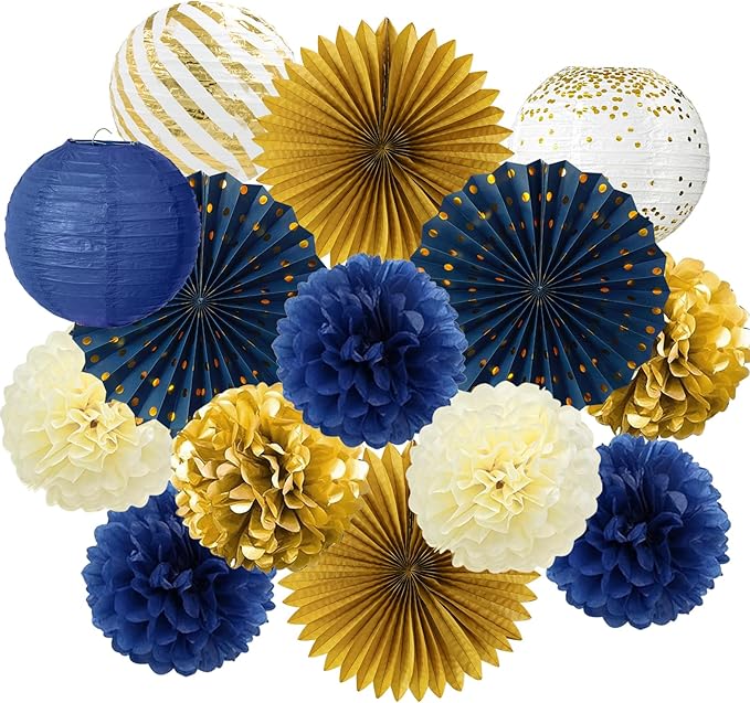 ADLKGG Navy Blue and Gold Party Decorations, 14 Pcs Hanging Paper Fans, Lanterns, Pom Poms, Elegant Backdrop for Class of 2026 Graduation, Nautical Baby Shower, Bachelorette, Men Birthday
