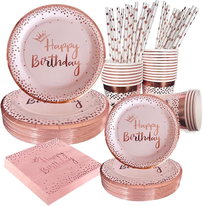 100 Pieces Pink Rose Gold Birthday Decorations Supplies Rose Gold Dessert Plates Napkins Cups for Women Birthday Disposable Party Favors