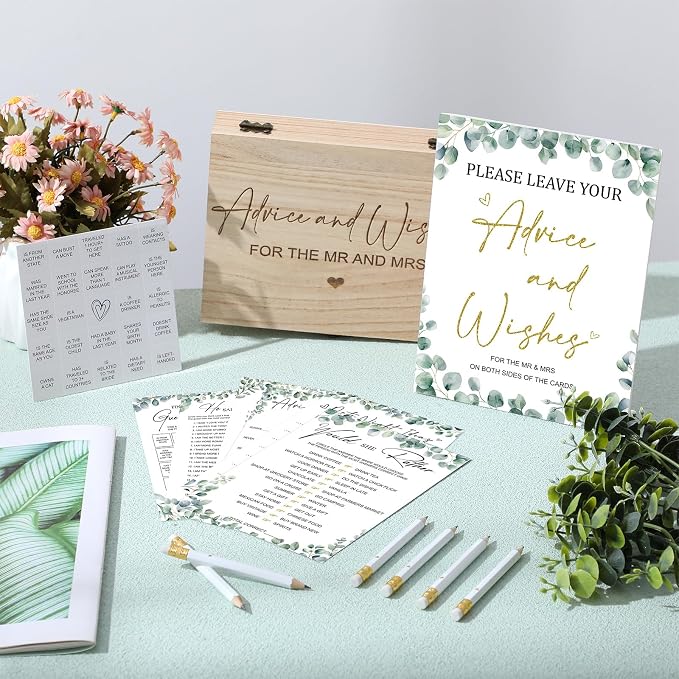 Silipull Bridal Shower Games Set for 50 Guests Includes Bingo, He Said She Said, Scramble, Would She Rather, Advice and Wishes Wedding Games Double Sided with Wooden Box, 20 Pencils(Eucalyptus)