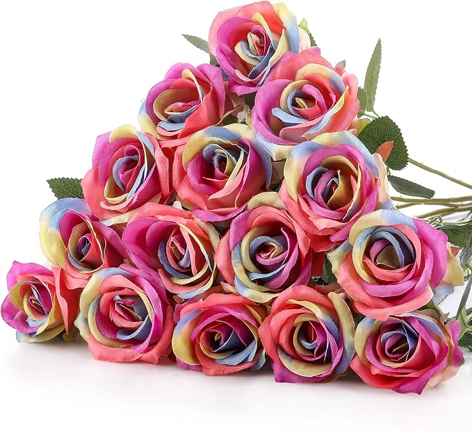 Hotop 20 Pcs Artificial Rose Flowers with Long Stem, Real Lifelike Silk Realistic Plastic Bouquet Roses Bulk for Home Decor Bridal Wedding Party Table Centerpieces Decorations(Rainbow)