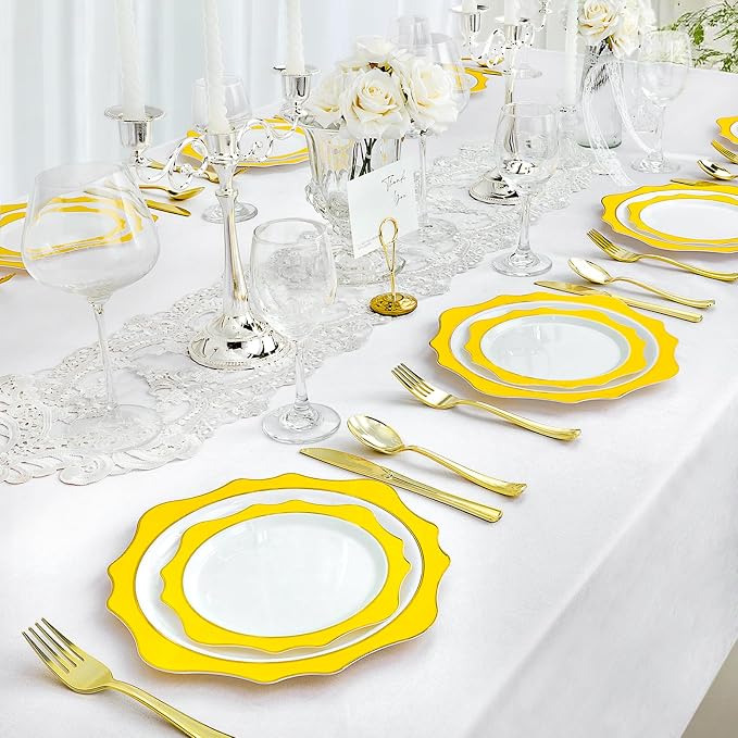 realluck 100 PCS White and Yellow Disposable Plates for 50 Guests, Scalloped Plastic Plates Include 50 Dinner Plates and 50 Dessert Plates for Party, Wedding