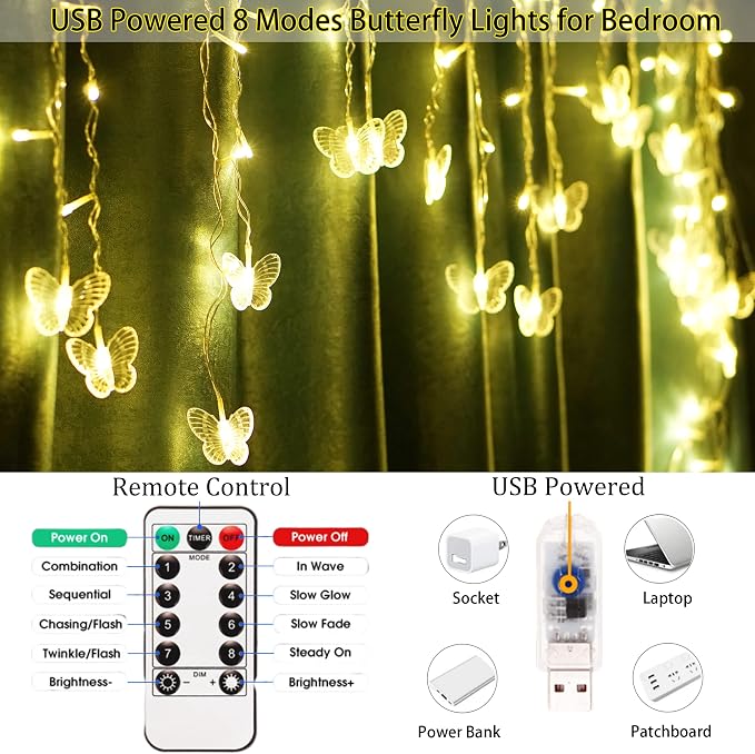 Butterfly Curtain Fairy Lights USB Plug in,120 LED 8 Modes 20FT Firefly Twinkle Icicle String Lights with Remote Timer Waterproof Copper Wire for Bedroom Patio Christmas Wedding Party Dorm(Warm White)