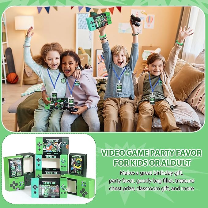 147 Pcs Video Game Party Favors for Kids Gamer Goodie Bag Stuffers Gaming Birthday Party Supplies with Gift Boxes, VIP Pass, Balloons, Bracelets, Keychains, Badges, 3D Stickers (Green)