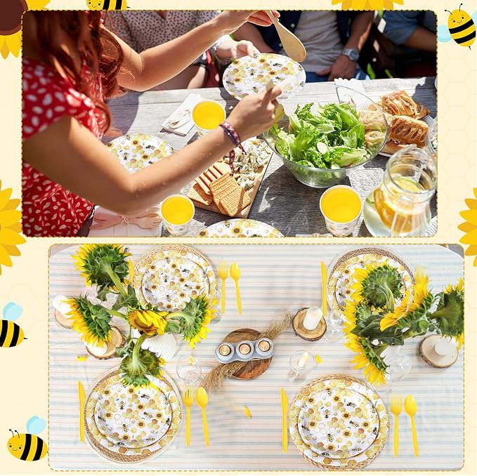 Pickmesh 400 Pcs Bee Sunflower Birthday Party Supplies Include Spring Summer Bee Disposable Paper Plates Napkins Cups Cutlery for Honey Bumble Birthday Baby Shower Party Supplies Serve 50