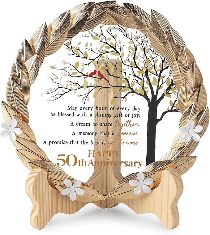 50th Anniversary Wedding Unique Gifts Ideas Crystal Plate with Gold Leaf Wreath - 50th Anniversary Wedding Gifts for Parents Couple - Cardinal Style