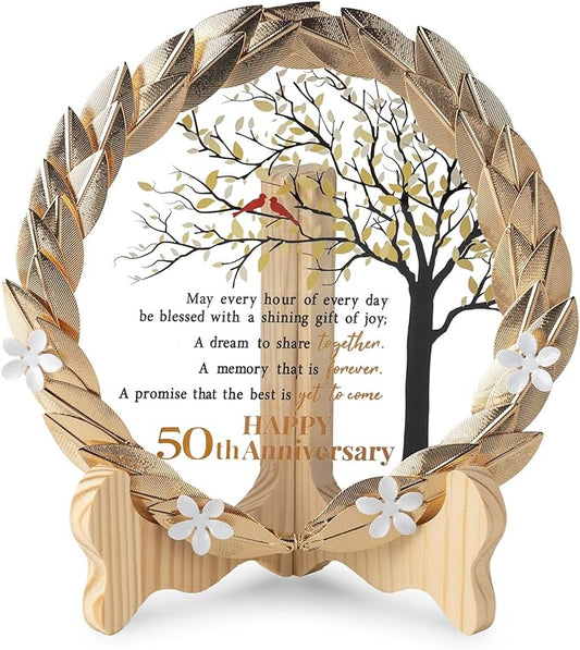 50th Anniversary Wedding Unique Gifts Ideas Crystal Plate with Gold Leaf Wreath - 50th Anniversary Wedding Gifts for Parents Couple - Cardinal Style