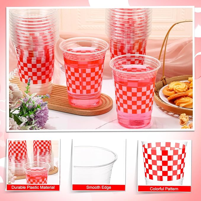 100 Pcs Red and White Checkered Cups 16 oz Disposable Red Gingham Plaid Plastic Cups Bulk for Picnic BBQ Decorations Racing Themed Birthday Party Supplies Carnival