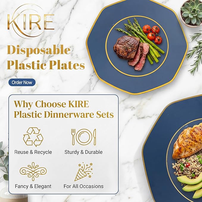 KIRE 140Pcs Blue Plastic Plates with Gold Rim - Gold Disposable Plastic Silverware with Blue Handle&Clear Cups&Hand Napkin - Geometric Party Plates for Passover/Party/Graduation