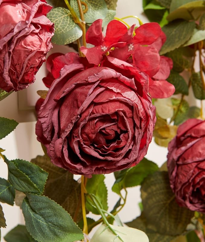 PONKING Flower Garland Artificial Rose & Hydrangea Vine Hanging Fake Flowers Vines for Wedding Birthday Party Valentines Christmas Room Wall Arch Decor, 1 Rose & 1 Hydrangea Red Floral Garland