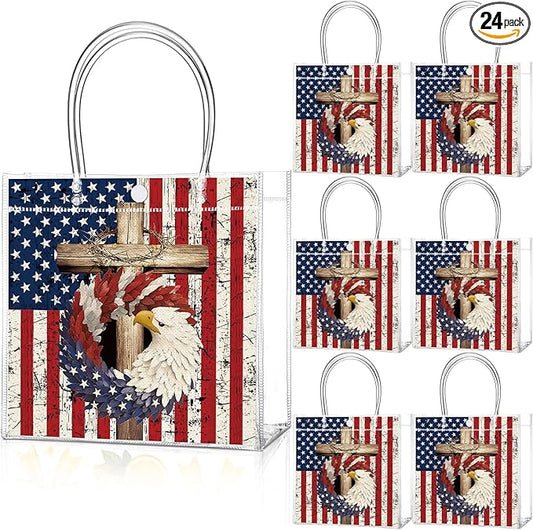 Teenyyou 24 Pcs Patriotic Eagle Gift Bags 4th of July Memorial Day Eagle Wreath American Flag Party Favors Bags with Handles for Veterans Independence Day 250th Anniversary Party