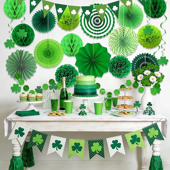 24 Pcs Green Birthday Decorations Set - Hanging Paper Fans Pom Poms Honeycomb Balls Lucky Clover Banner, Party Supplies for Jungle Safari Woodland Baby Shower Spring Events