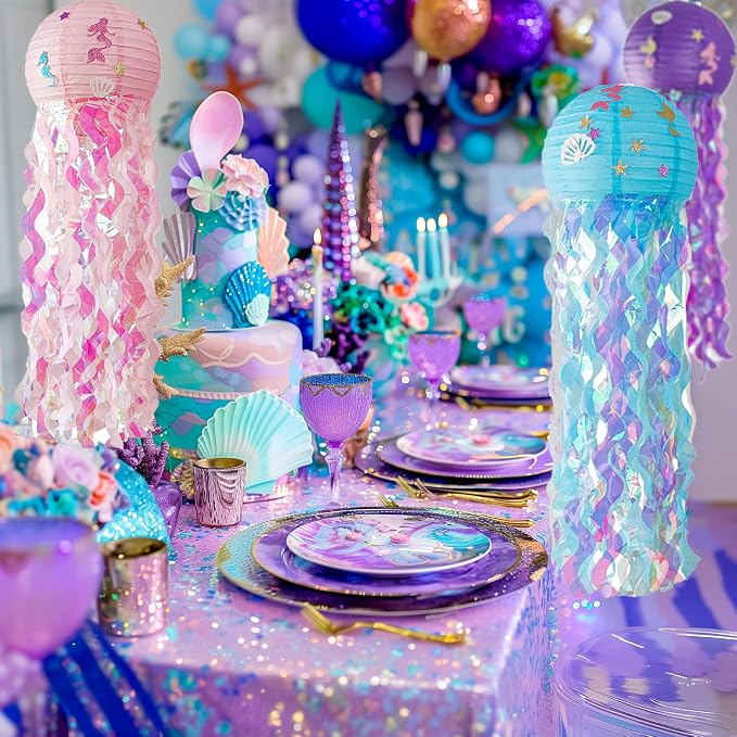 OBXT 12" Colorful Jellyfish Lanterns - Mermaid Birthday Party Decorations, Under the Sea & Ocean Theme Hanging Jellyfish Decor for Classroom, Nautical Events, and Underwater Adventure (Set of 6)