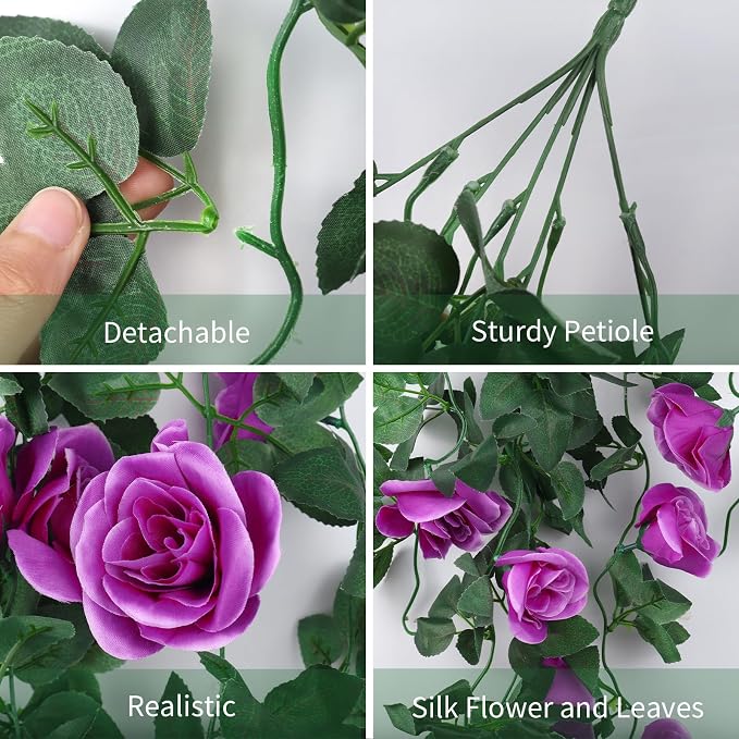 RECUTMS 2PCS Artificial Hanging Rose Flower Plants, 37 Inch Purple Fake Silk Floral Ivy Garlands for Outdoors Home Room Garden Front Porch Wedding Arch Bridal Shower Easter Indoor Party Greenery Decor