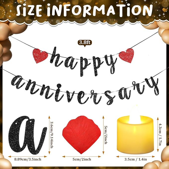 Retisee Red Anniversary Decorations Happy Anniversary Banner Sign Romantic Feliz Aniversario Party Decoration Glitter Banner with 24pcs LED Candles 2000pcs Rose Petals for Home Party Night Wedding
