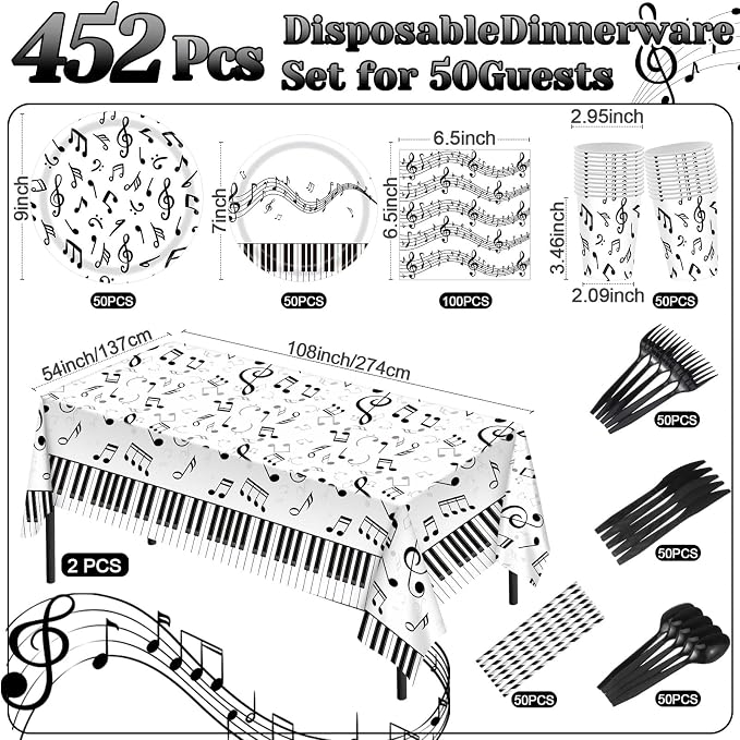 Potchen 452 Pcs Party Supplies Serve 50 Guests, Paper Plates Napkins Cups Cutlery Plastic Tablecloth Dinnerware for Birthday Wedding Party Decoration (White Black, Music Notes)