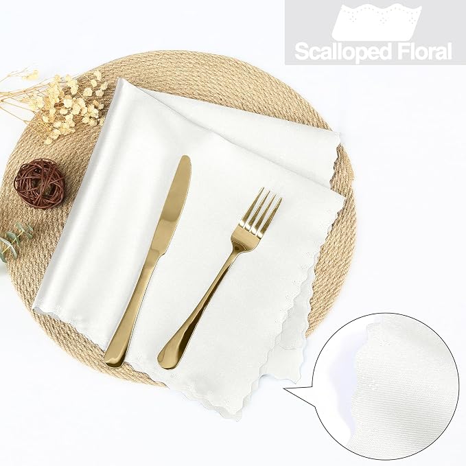 Homiest 100 Pack White Satin Napkins - 17x17 Inches Scalloped Square Dinner Napkins for Wedding, Restaurant, Banquet & Party
