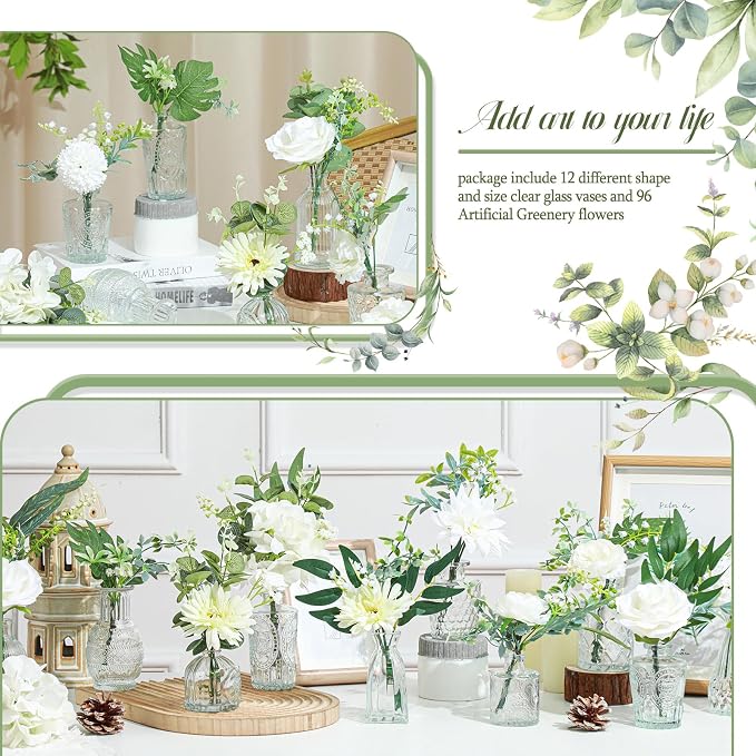 FoldTier 108 Pcs Artificial Flowers in Vase 96 Pcs Faux Greenery Stem Table Centerpiece Fake Plants Silk Roses Arrangement 12 Pcs Glass Vase Sets for Wedding Bathroom Home Dining Decor(Clear)